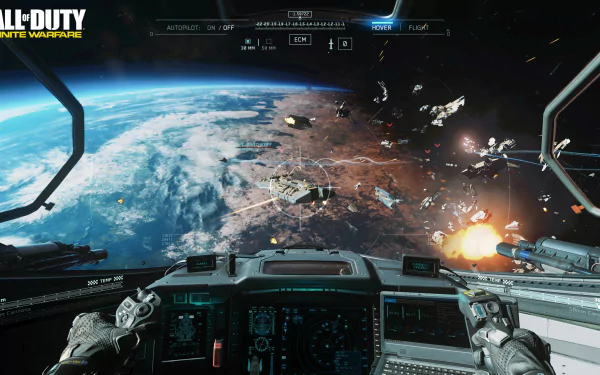 A dynamic 4K Ultra HD wallpaper from Call of Duty: Infinite Warfare, showcasing a spaceship cockpit with a view of Earth and space debris during an intense battle.