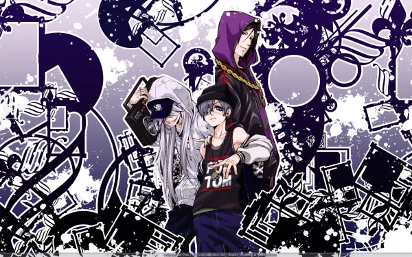 HD desktop wallpaper featuring Sebastian Michaelis, Undertaker, and Ciel Phantomhive from the anime Black Butler with a dynamic, abstract purple and black background.