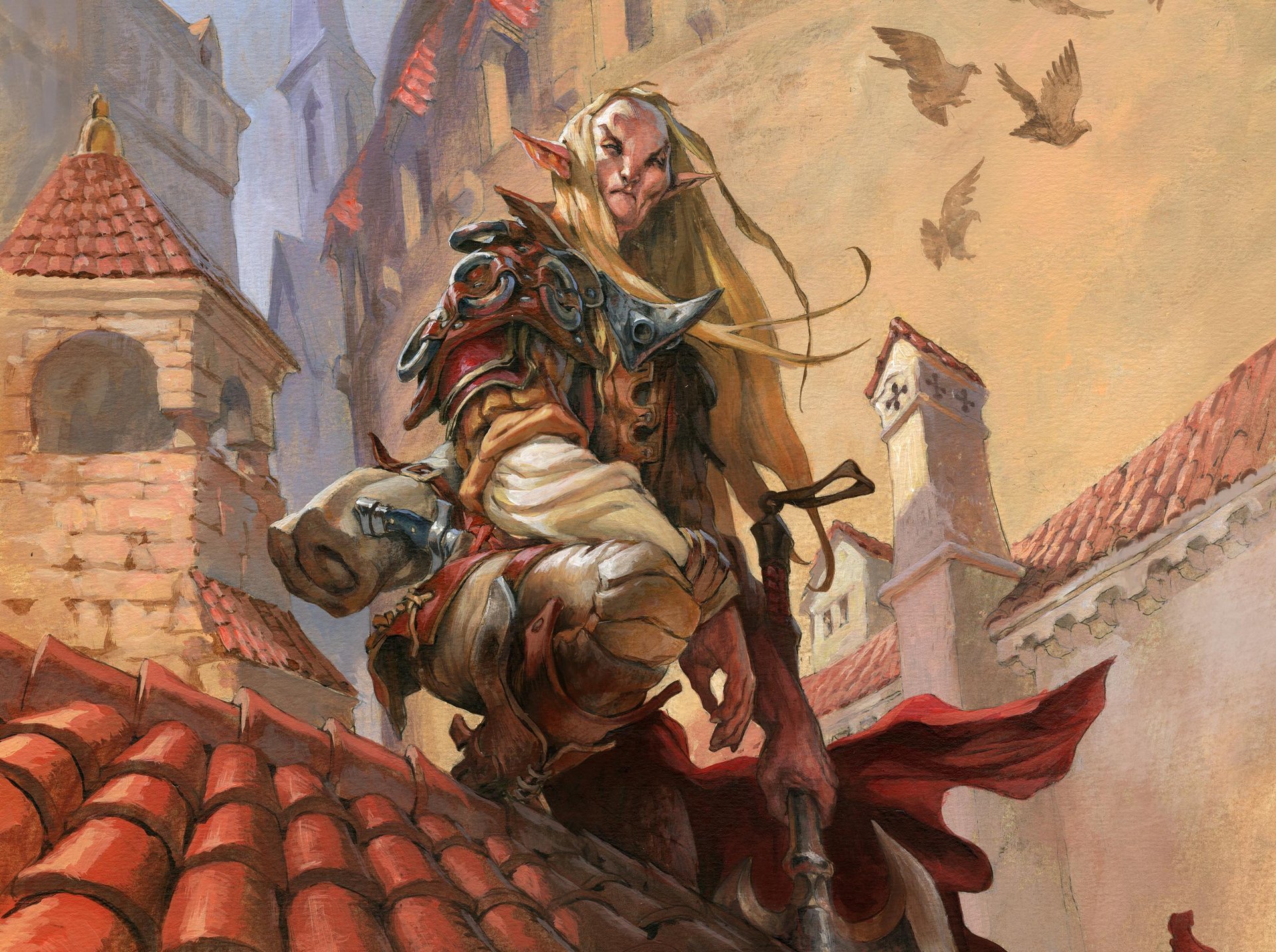 HD desktop wallpaper featuring an elf warrior from Magic: The Gathering, perched on red-tiled rooftops with birds flying in the background.