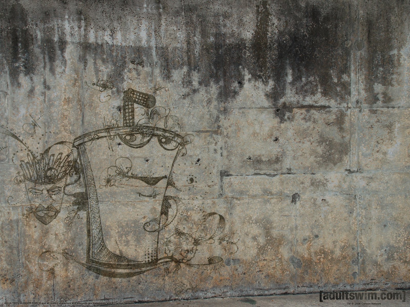 HD PC desktop wallpaper featuring a grungy wall with a sketch of Master Shake from the TV show Aqua Teen Hunger Force.