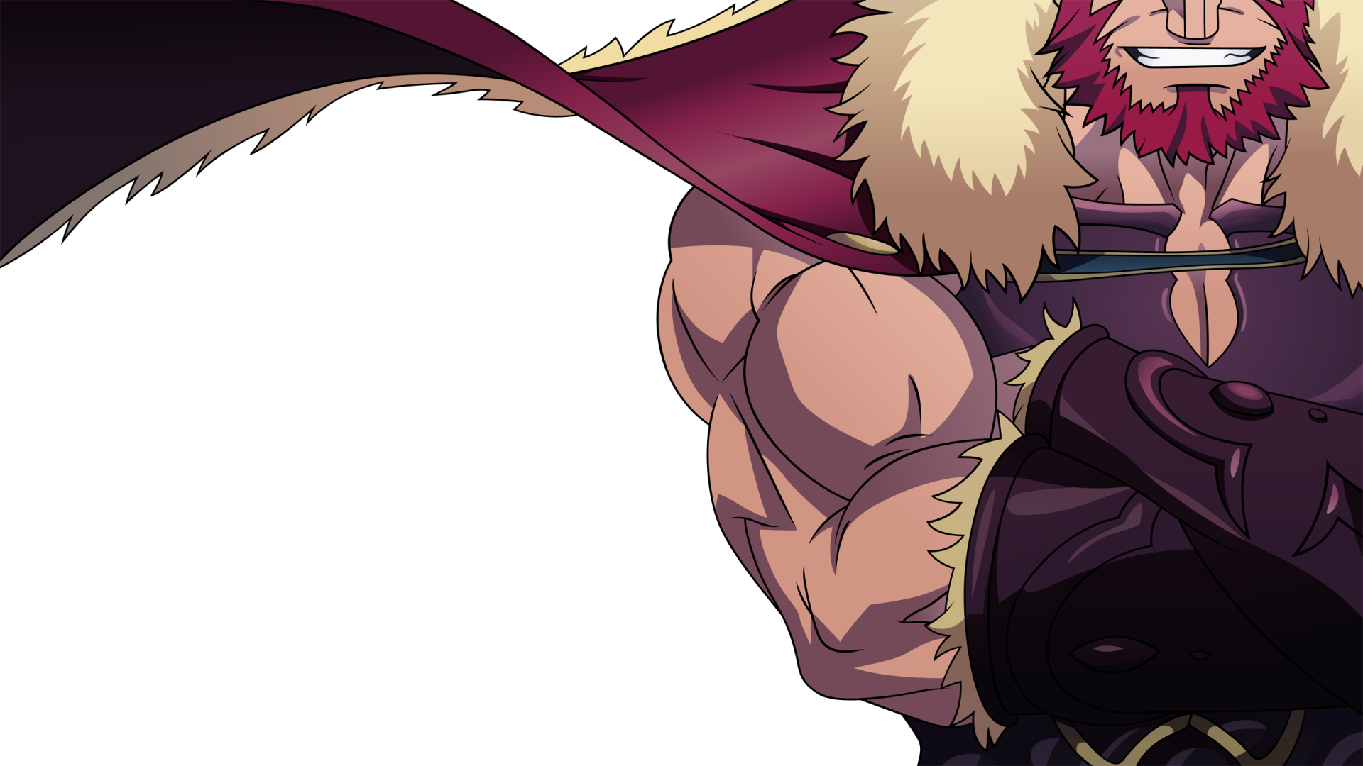 Anime Fate/Zero 2K Quad HD PC desktop wallpaper and background: cropped close-up of a grinning red-haired, bearded warrior in a fur-trimmed cloak showing a bare muscular arm against black.