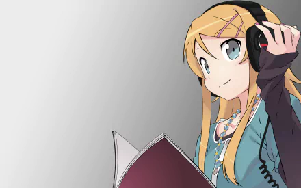 A vibrant HD wallpaper featuring Kirino Kousaka from Oreimo, with blonde hair and headphones, expressing enthusiasm while holding a book, set against a sleek grey background.