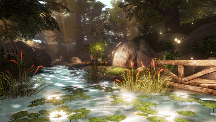 HD PC desktop wallpaper from the video game SOMA, featuring a serene forest scene with a glowing pond, lily pads, and soft sunlight filtering through the trees.