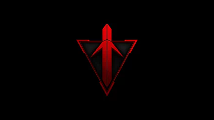 Red Terran Republic emblem from the Planetside 2 video game centered on a black background, 8K Ultra HD PC desktop wallpaper