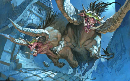 HD Magic: The Gathering wallpaper featuring a man-made creature with large horns leaping through a blue-toned, medieval stone street setting.