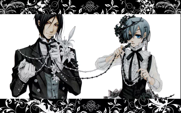 An HD wallpaper featuring characters from Black Butler, showcasing elegant anime art with intricate black and white floral patterns.