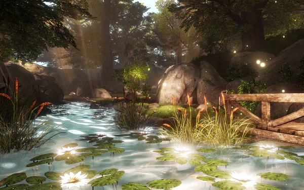 HD PC desktop wallpaper from the video game SOMA, featuring a serene forest scene with a glowing pond, lily pads, and soft sunlight filtering through the trees.