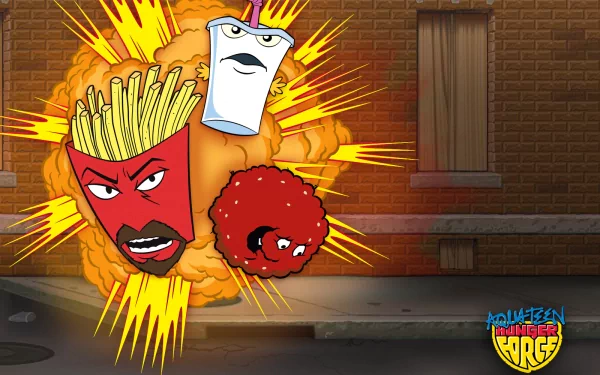 HD PC desktop wallpaper featuring Aqua Teen Hunger Force characters Frylock, Master Shake, and Meatwad against a brick wall background with an explosion effect.