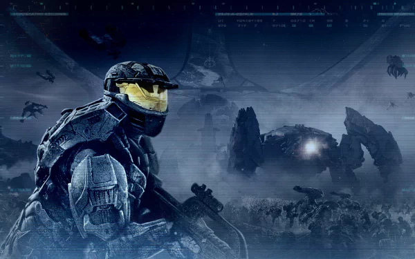 HD PC desktop wallpaper featuring a Halo Wars 2 soldier in futuristic armor, highlighting the Season Pass for this video game with a dark, intense battlefield background.