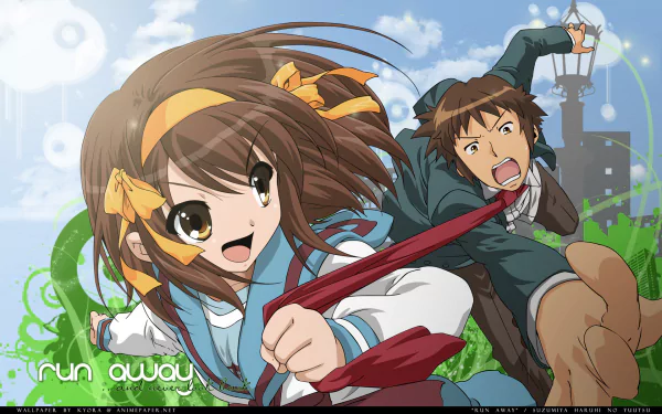 HD PC desktop wallpaper featuring anime characters Haruhi Suzumiya and Kyon from The Melancholy of Haruhi Suzumiya in a dynamic running pose.