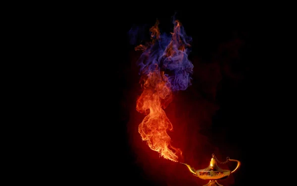 Artistic HD PC desktop wallpaper featuring a glowing genie lamp with vibrant red and blue flames rising from its spout against a dark background.