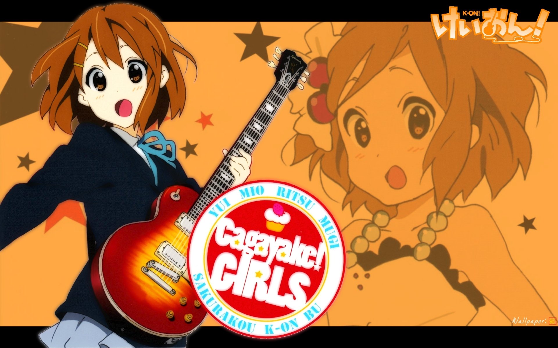 HD PC desktop wallpaper featuring Yui Hirasawa from the anime K-ON! with an orange background, guitar, and K-ON!! logo.