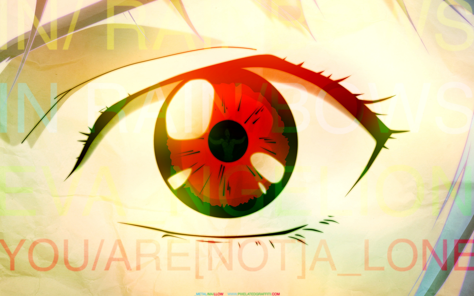 Close-up of a red eye featuring Neon Genesis Evangelion anime style, designed as an HD PC desktop wallpaper with vibrant colors and bold text elements.