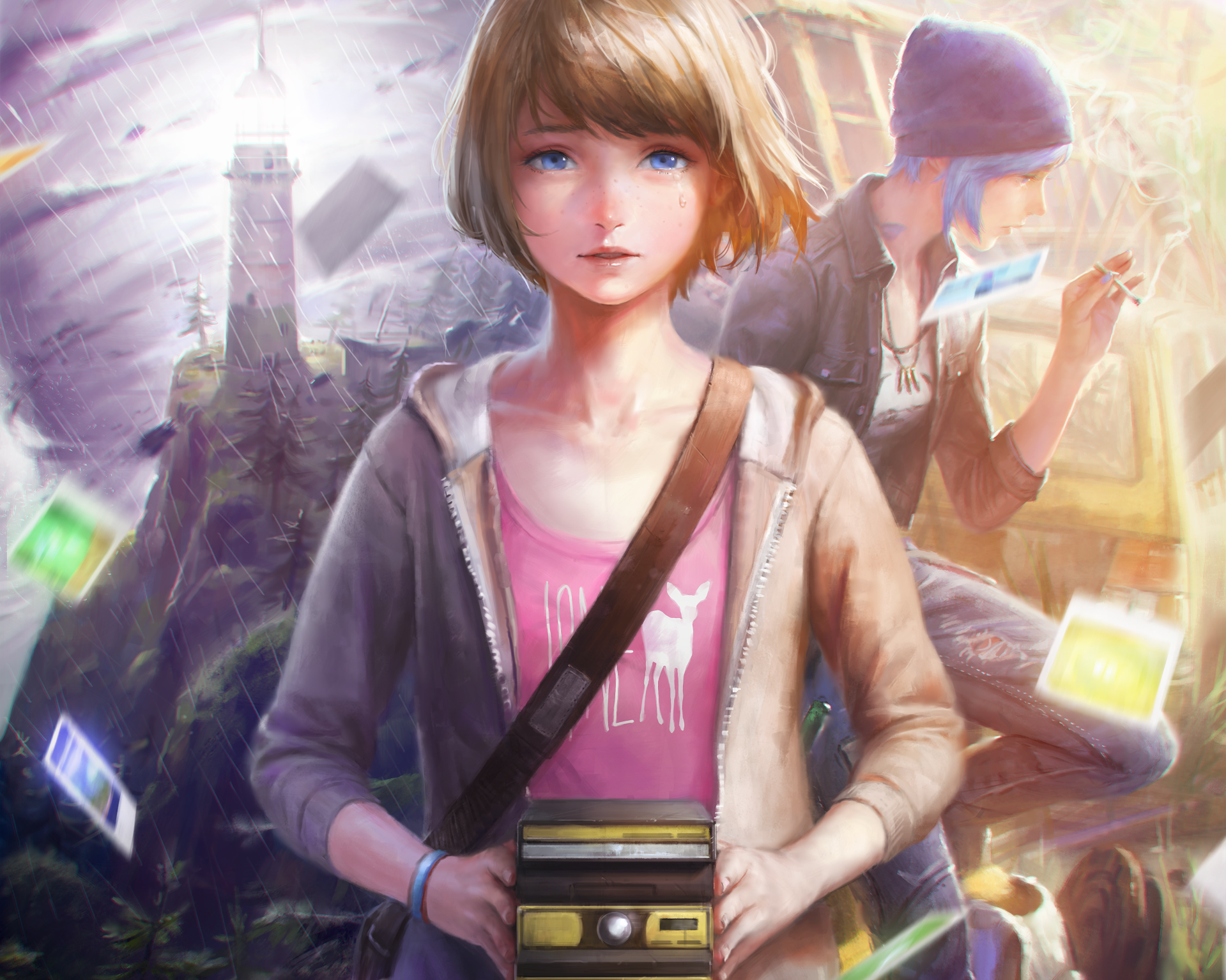 A captivating HD wallpaper from the video game Life Is Strange, featuring characters Max and Chloe amidst a surreal landscape filled with floating photographs.