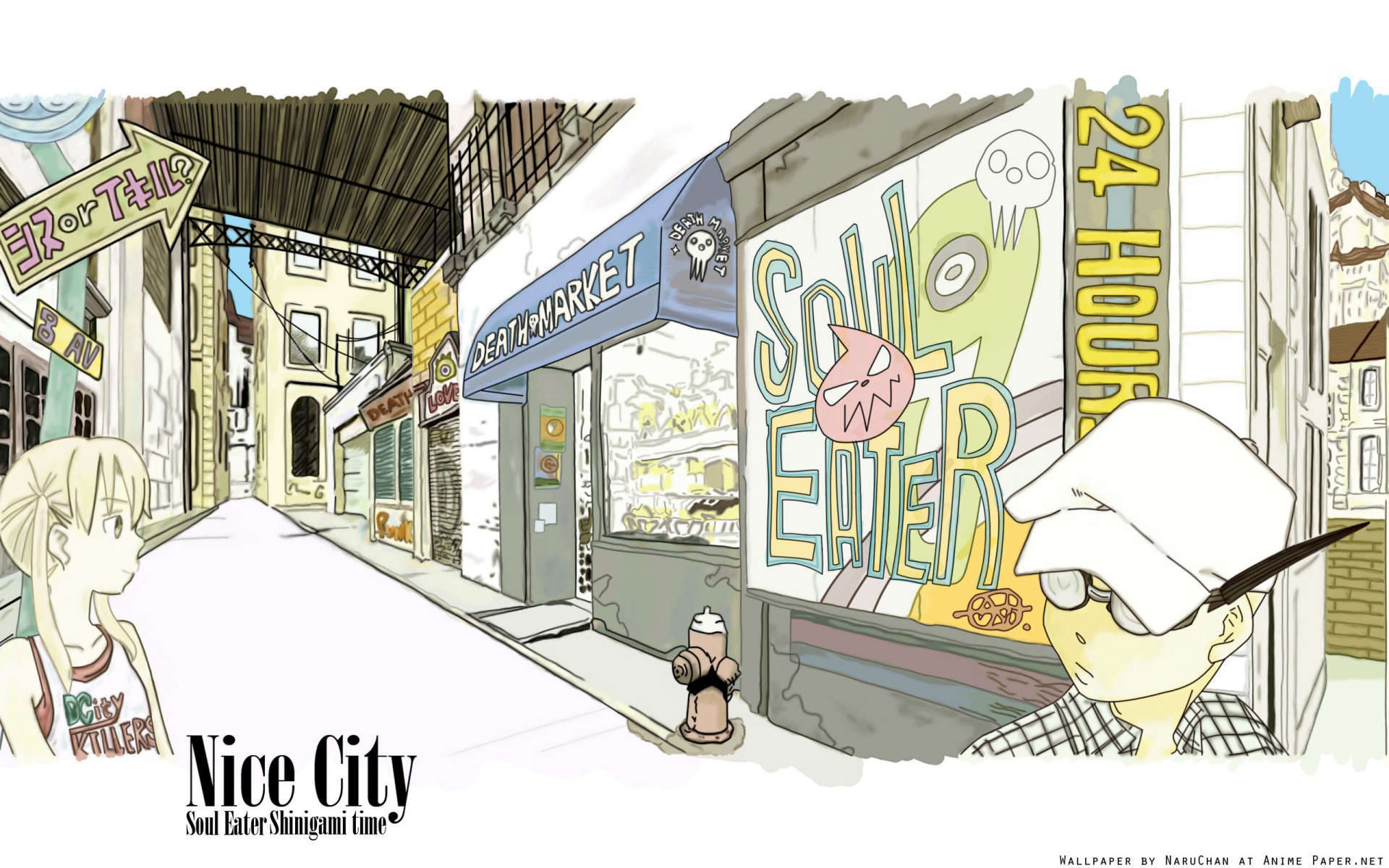 Anime-style HD PC desktop wallpaper featuring a Soul Eater-inspired city street scene with detailed buildings and vibrant signage.