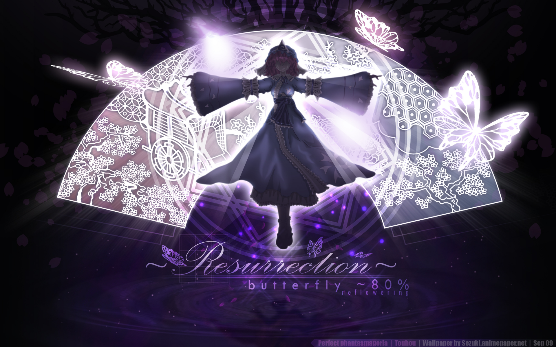HD PC desktop wallpaper featuring Yuyuko Saigyouji from Touhou, surrounded by glowing butterflies and intricate lace patterns in a dark, mystical setting.