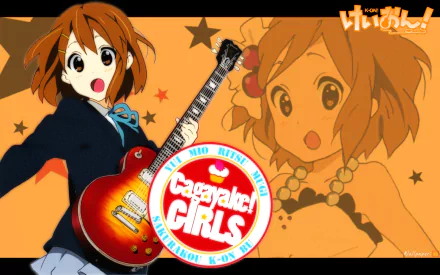 HD PC desktop wallpaper featuring Yui Hirasawa from the anime K-ON! with an orange background, guitar, and K-ON!! logo.