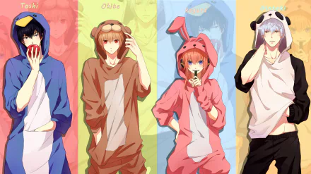 Anime characters Gintoki Sakata, Okita Sougo, Kagura, and Toushirou Hijikata from Gintama are depicted in colorful onesies, creating a fun and vibrant HD wallpaper background.