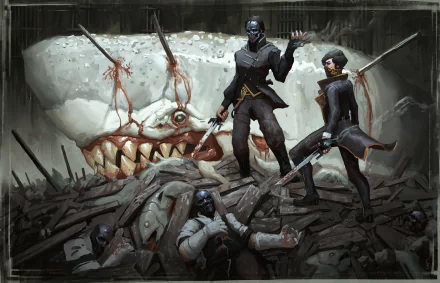 HD PC desktop wallpaper from the video game Dishonored 2, featuring masked characters standing over defeated foes with a large menacing creature in the background.