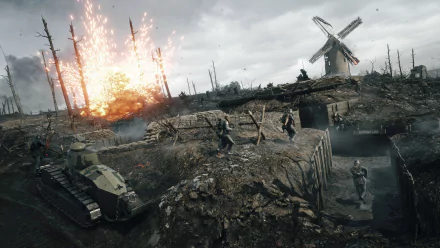 HD desktop wallpaper of a Battlefield 1 scene showing soldiers, a tank, and an explosion in a war-torn landscape with a windmill in the background.