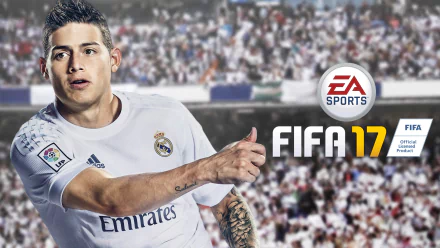 An HD desktop wallpaper featuring a player from FIFA 17, showcasing an action moment on the field, with an enthusiastic crowd in the background and the EA Sports logo prominently displayed.