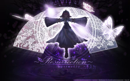 HD PC desktop wallpaper featuring Yuyuko Saigyouji from Touhou, surrounded by glowing butterflies and intricate lace patterns in a dark, mystical setting.