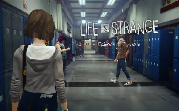 A HD wallpaper from the video game Life Is Strange, showcasing a school hallway with characters interacting around blue lockers and the title prominently displayed.