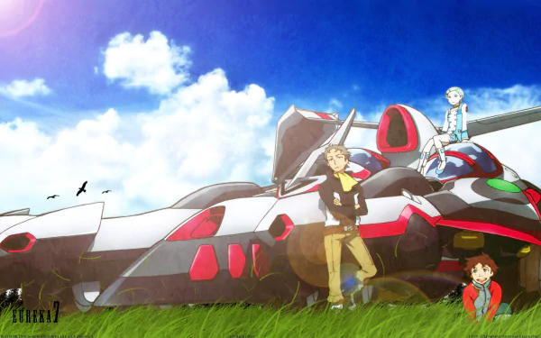 Anime, Eureka Seven HD PC desktop wallpaper: Nirvash mecha on a grassy field beneath a bright blue sky, with Eureka and Renton standing beside it.
