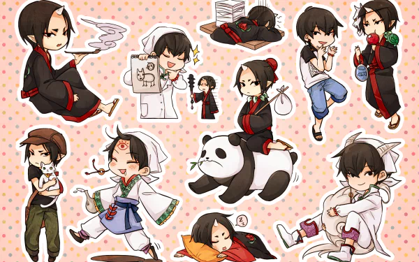 HD PC desktop wallpaper of chibi Anime characters from Hoozuki no Reitetsu in playful sticker-style poses on a pink polka-dot background.