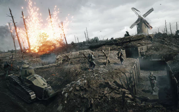 HD desktop wallpaper of a Battlefield 1 scene showing soldiers, a tank, and an explosion in a war-torn landscape with a windmill in the background.