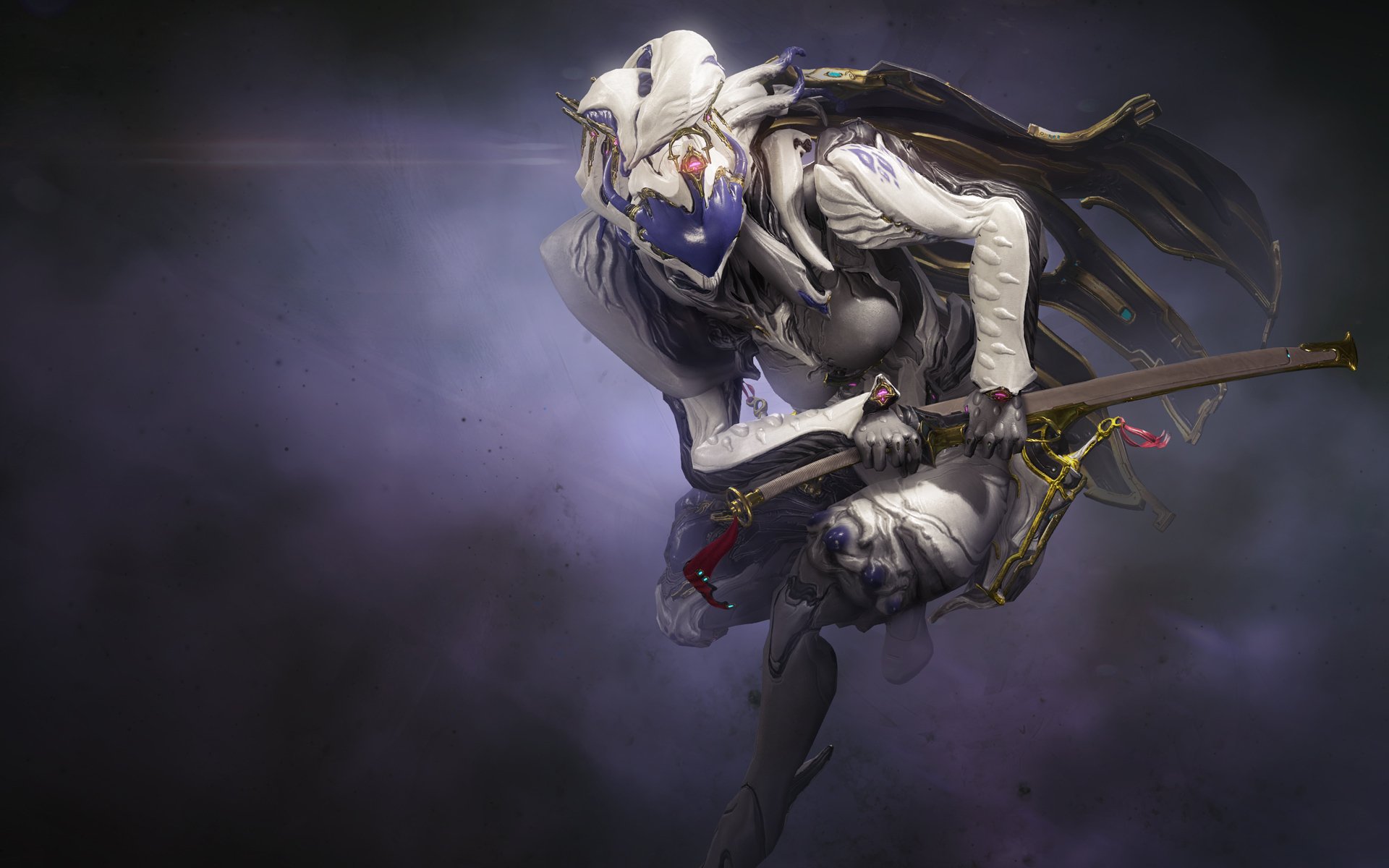 HD PC desktop wallpaper featuring Sayrn from the video game Warframe, showcasing the character in a dynamic, detailed pose against a dark, smoky background.