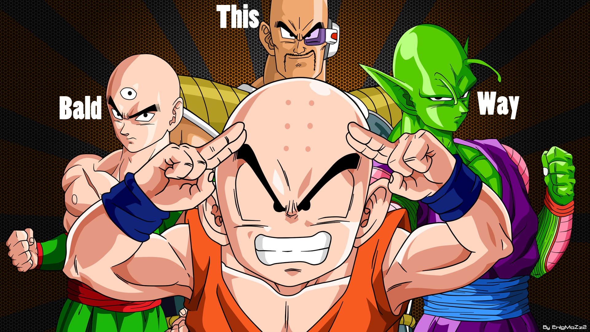 HD PC desktop wallpaper featuring anime characters from Dragon Ball Z, including Krillin, Nappa, and Piccolo with bold text reading This Bald Way.
