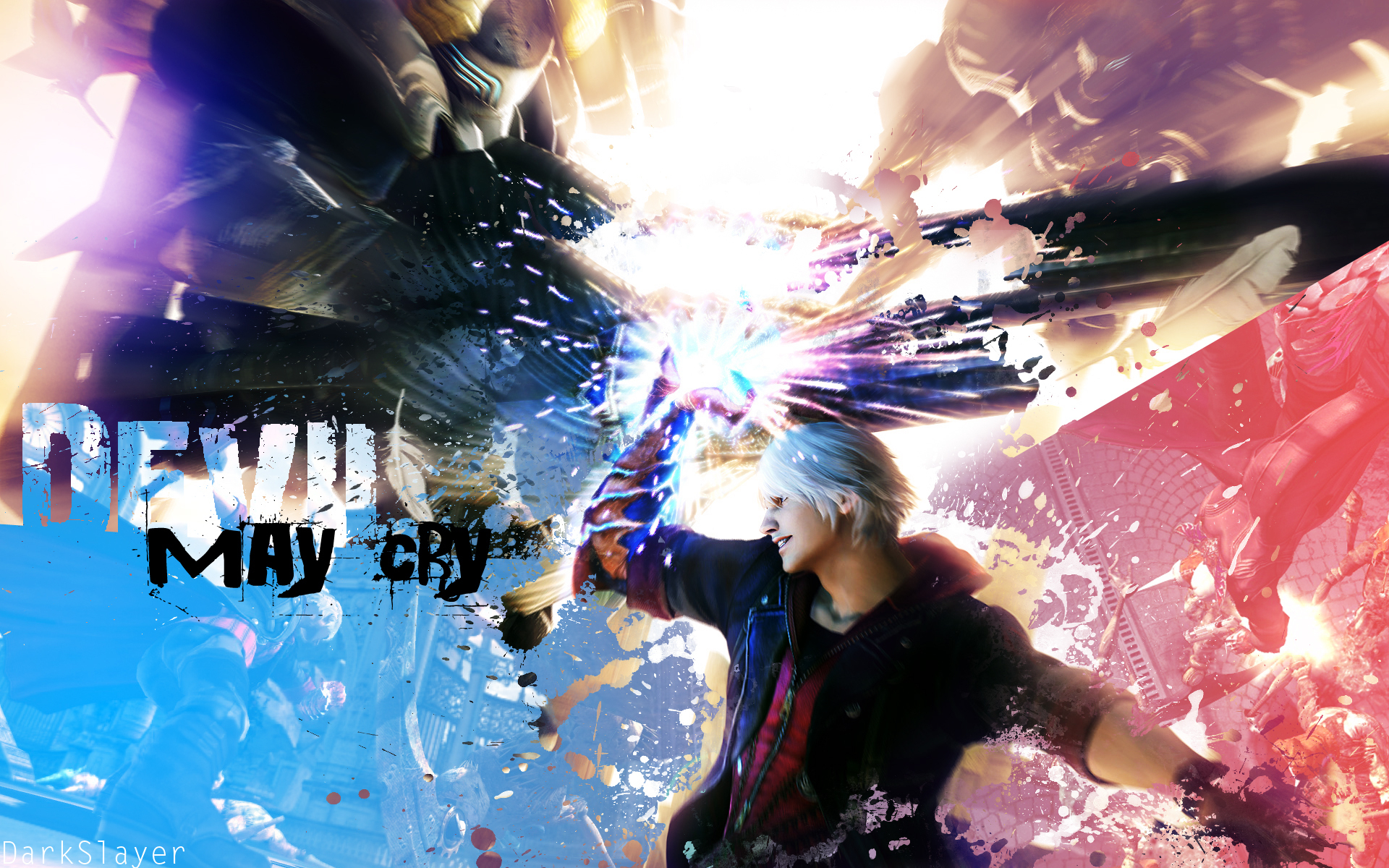 HD PC desktop wallpaper featuring dynamic artwork from the video game Devil May Cry 4 with vibrant blue and red tones and intense character action.