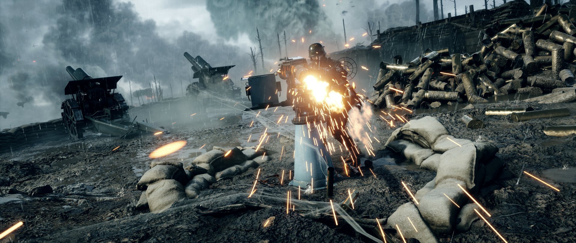 HD Battlefield 1 desktop wallpaper showing a soldier firing a Carronade machine gun amid a smoky, war-torn battlefield in the video game.