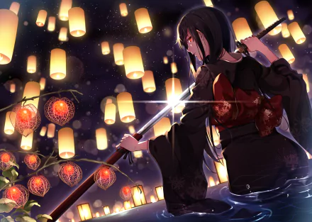Anime warrior with black hair, red eyes, dressed in a kimono, holds a katana under a sky filled with floating lanterns and candles. Background enhanced with HD detailing for a captivating desktop wallpaper.
