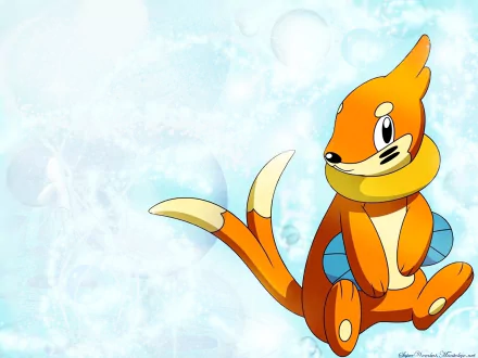 HD anime-style desktop wallpaper featuring Buizel, the orange and blue Water-type Pokémon, set against a light, textured background.
