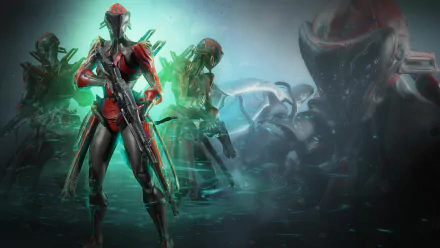 HD PC desktop wallpaper and background featuring Trinity from the video game Warframe: red-and-green armored Warframe with rifle, glowing allies and a shadowy enemy in misty sci-fi.