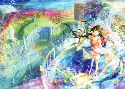 A vibrant HD anime wallpaper featuring a girl surrounded by a colorful landscape, rainbows, and flowing water, blending elements of fantasy and whimsy.