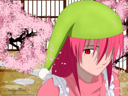 A vibrant HD wallpaper featuring Lucy from the anime *Elfen Lied*, set against a backdrop of blossoming cherry trees and a serene garden.