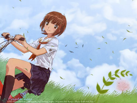 HD PC desktop wallpaper of an anime girl from Kimikiss Pure Rouge in a school uniform riding a bicycle on a grassy hill under a blue sky, leaves and birds drifting.