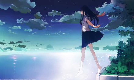 HD anime desktop wallpaper from Kimikiss Pure Rouge, featuring a girl standing on a ledge by a glowing, ethereal water scene under a twilight sky with scattered clouds.