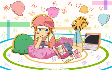 HD PC desktop wallpaper featuring Kirino Kousaka from Oreimo surrounded by colorful plush toys and Japanese text in a playful anime style.