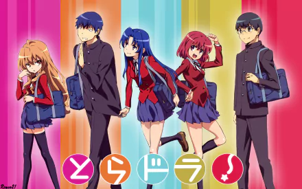 A vibrant HD wallpaper featuring characters from the anime Toradora! including Ami Kawashima, Minori Kushieda, Yusaku Kitamura, Ryuuji Takasu, and Taiga Aisaka.