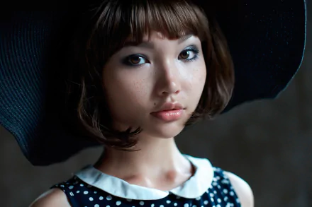 HD desktop wallpaper of a brunette woman model with brown eyes, freckles, and a large black hat, featuring a close-up of her face against a dark background.