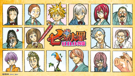 HD desktop wallpaper featuring characters from the anime The Seven Deadly Sins. The design showcases various character portraits in a colorful, grid layout.