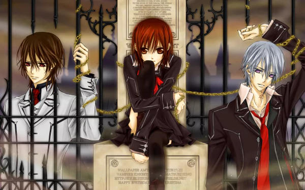 A captivating HD wallpaper featuring Yuki Cross, Kaname Kuran, and Zero Kiryu from Vampire Knight, set against a gothic gate and chains, embodying themes of love and conflict.