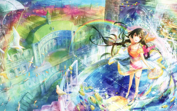 A vibrant HD anime wallpaper featuring a girl surrounded by a colorful landscape, rainbows, and flowing water, blending elements of fantasy and whimsy.
