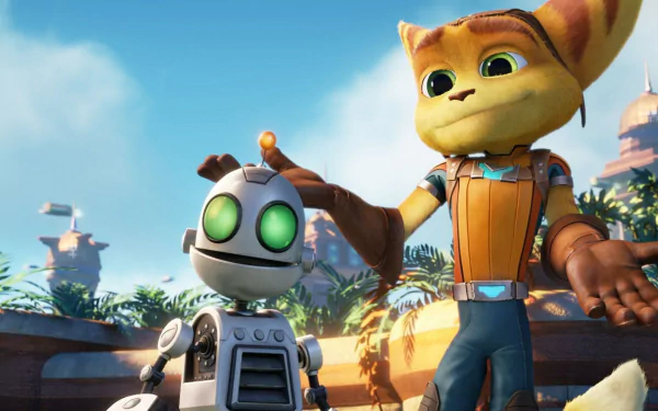 Clank and Ratchet from the video game series Ratchet & Clank enjoy a moment together in this vibrant HD PC desktop wallpaper, showcasing their adventurous spirit.