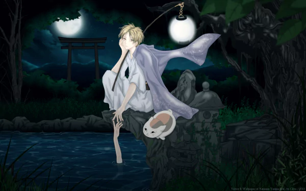 A serene scene from Natsume's Book of Friends features the protagonist sitting by a moonlit pond, accompanied by a friendly spirit, blending nature and mystique in this anime wallpaper.