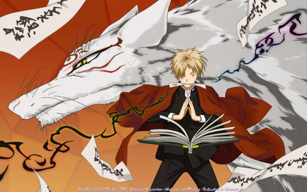 HD wallpaper featuring Natsume Yuujinchou, showcasing a boy with a book and a large spirit fox, surrounded by flowing papers and an orange background.